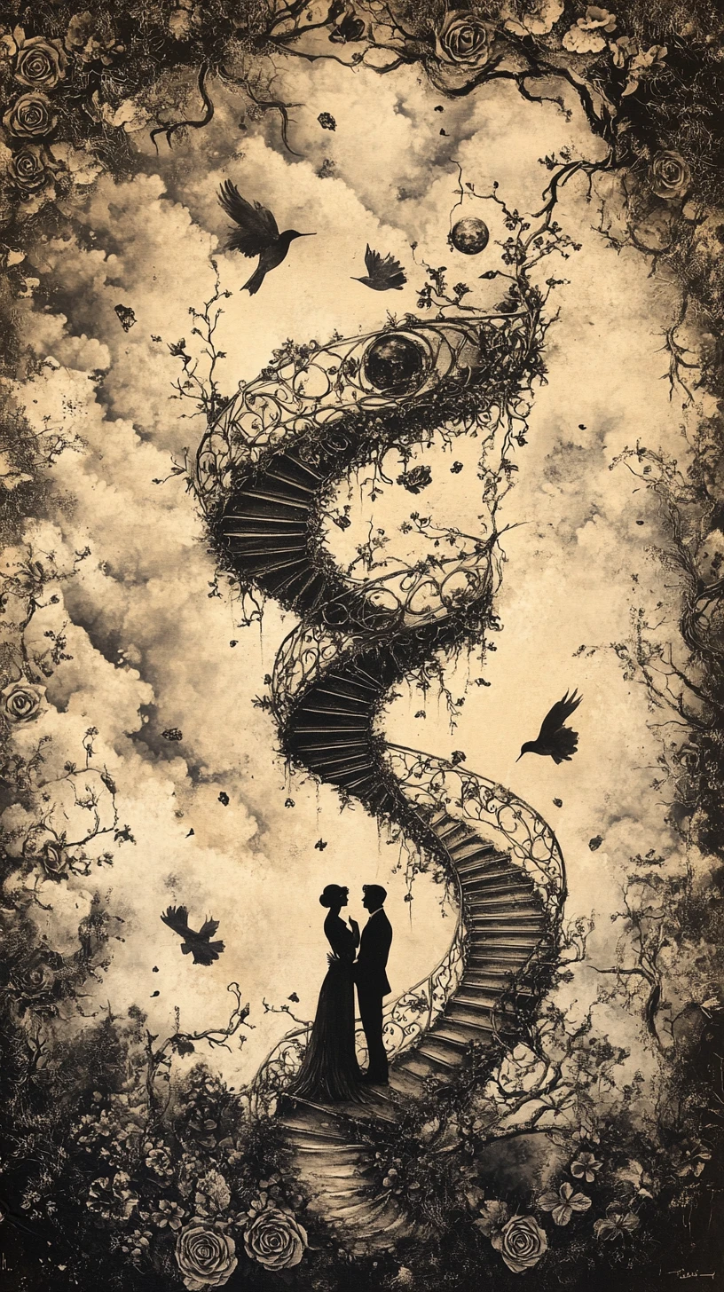Victorian couple beneath a spiraling rose thorn staircase