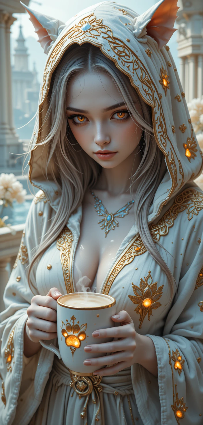 Hooded spirit woman above a glowing fairy tale palace