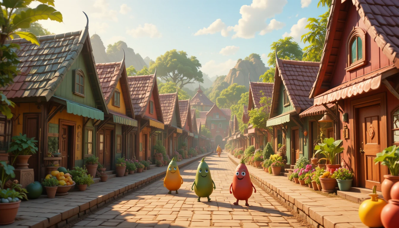 Cheerful 3D vegetable village street in warm sunlight