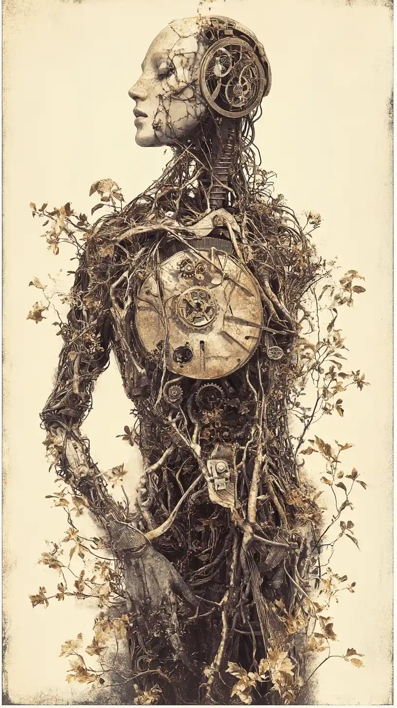 Surreal mechanical woman entwined with thorns and decaying flowers