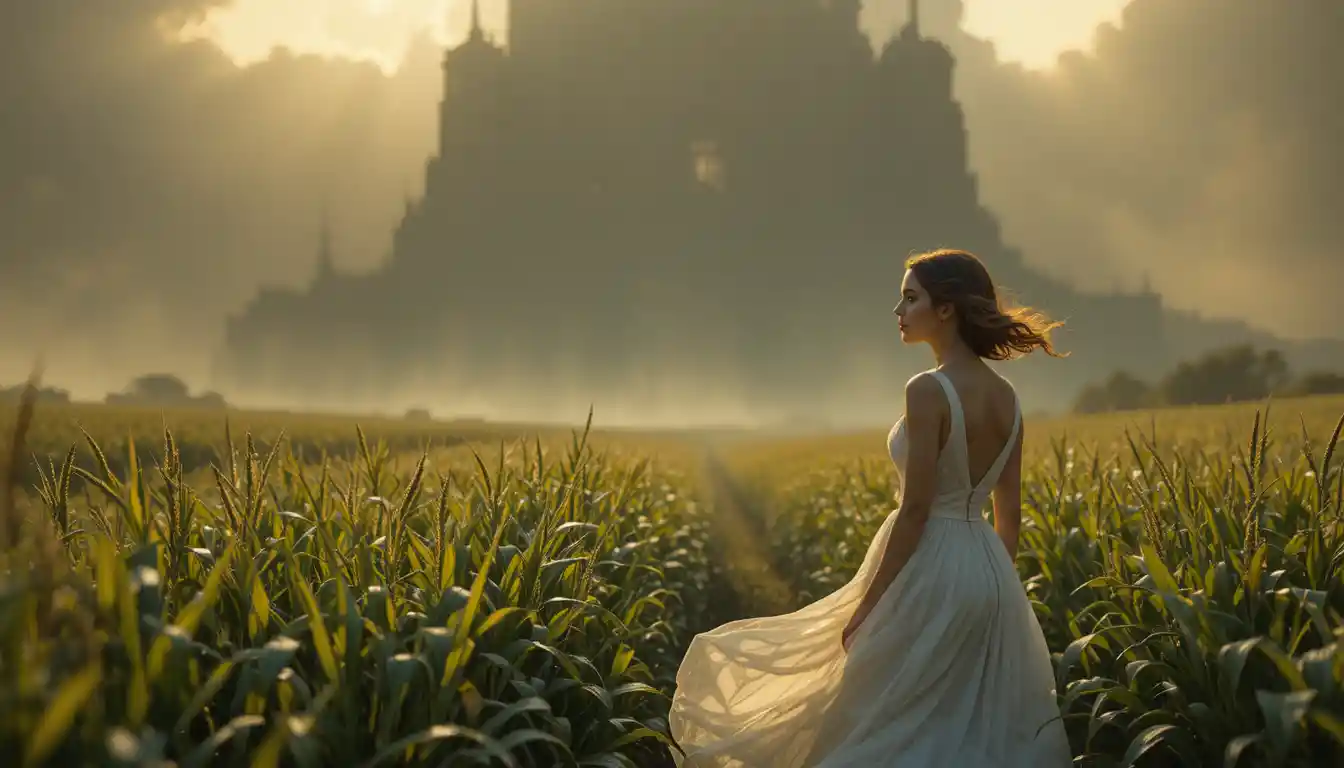 Young woman in farm field facing looming shadow
