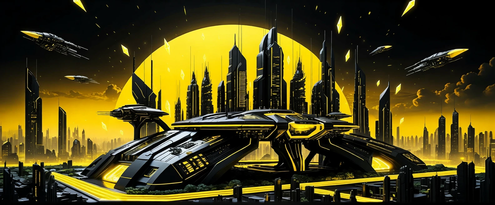 Escultura de ciudad sci‑fi futurista con luces amarillo neón