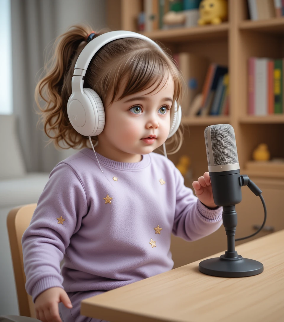 Toddler girl with headphones at a cozy home podcast desk