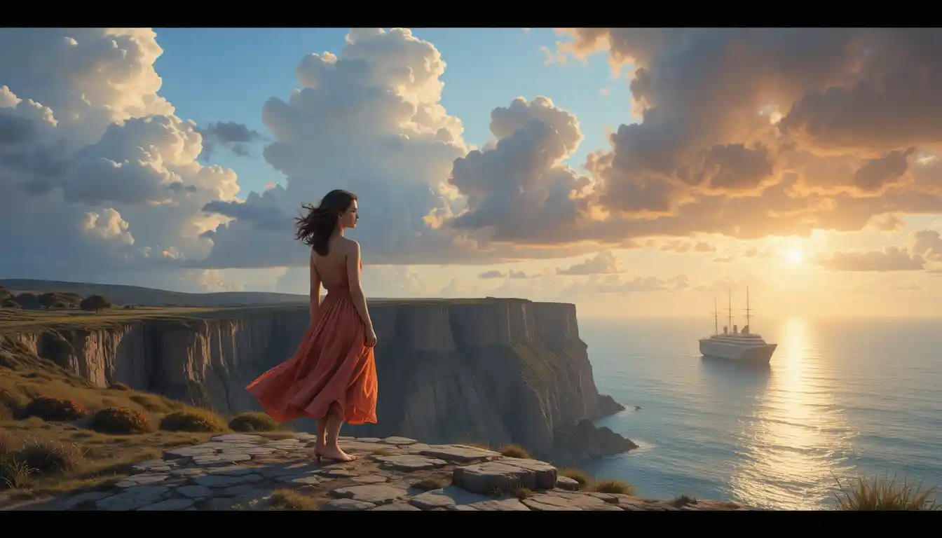 Young woman on a cliff watching the last ship vanish