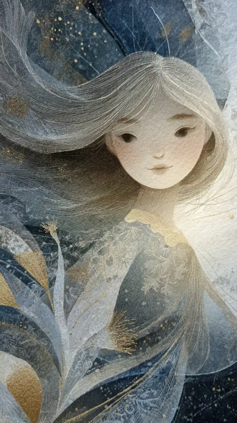 Dreamy celestial illustration of a serene whimsical child