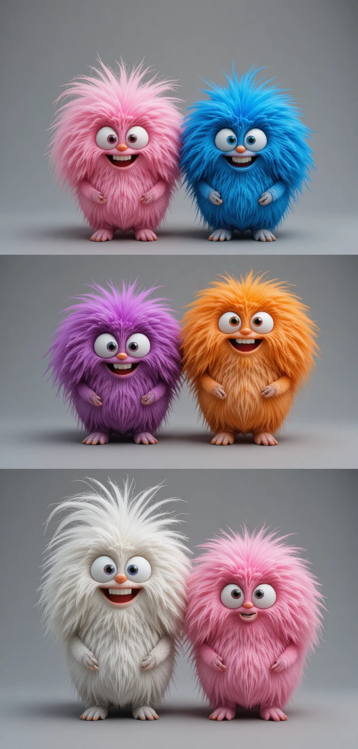 Colorful fluffy critters lined up against a gray background