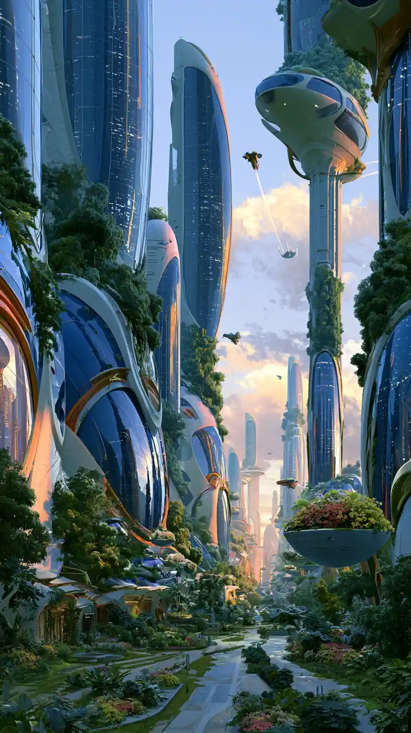 Futuristic sci fi street with bioarchitectural towers at dawn