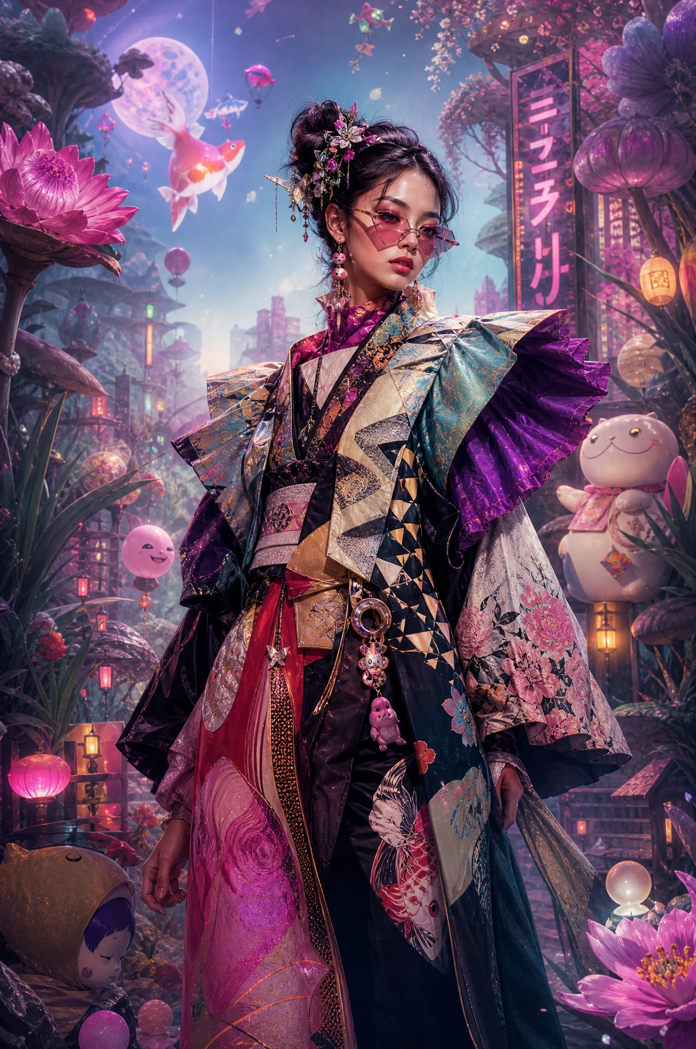 Mujer elegante con gafas en un paisaje surrealista y onírico