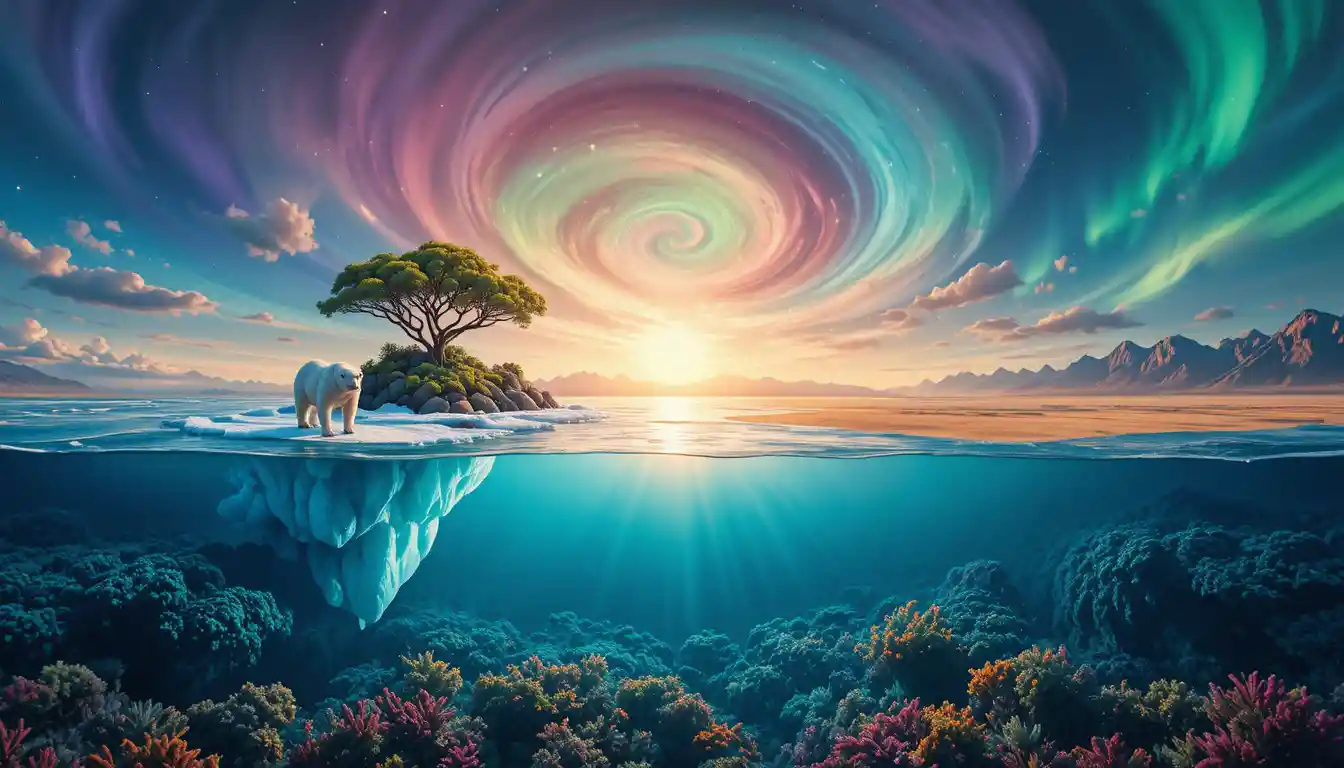 Polar bear on drifting ice beside lush tropical island