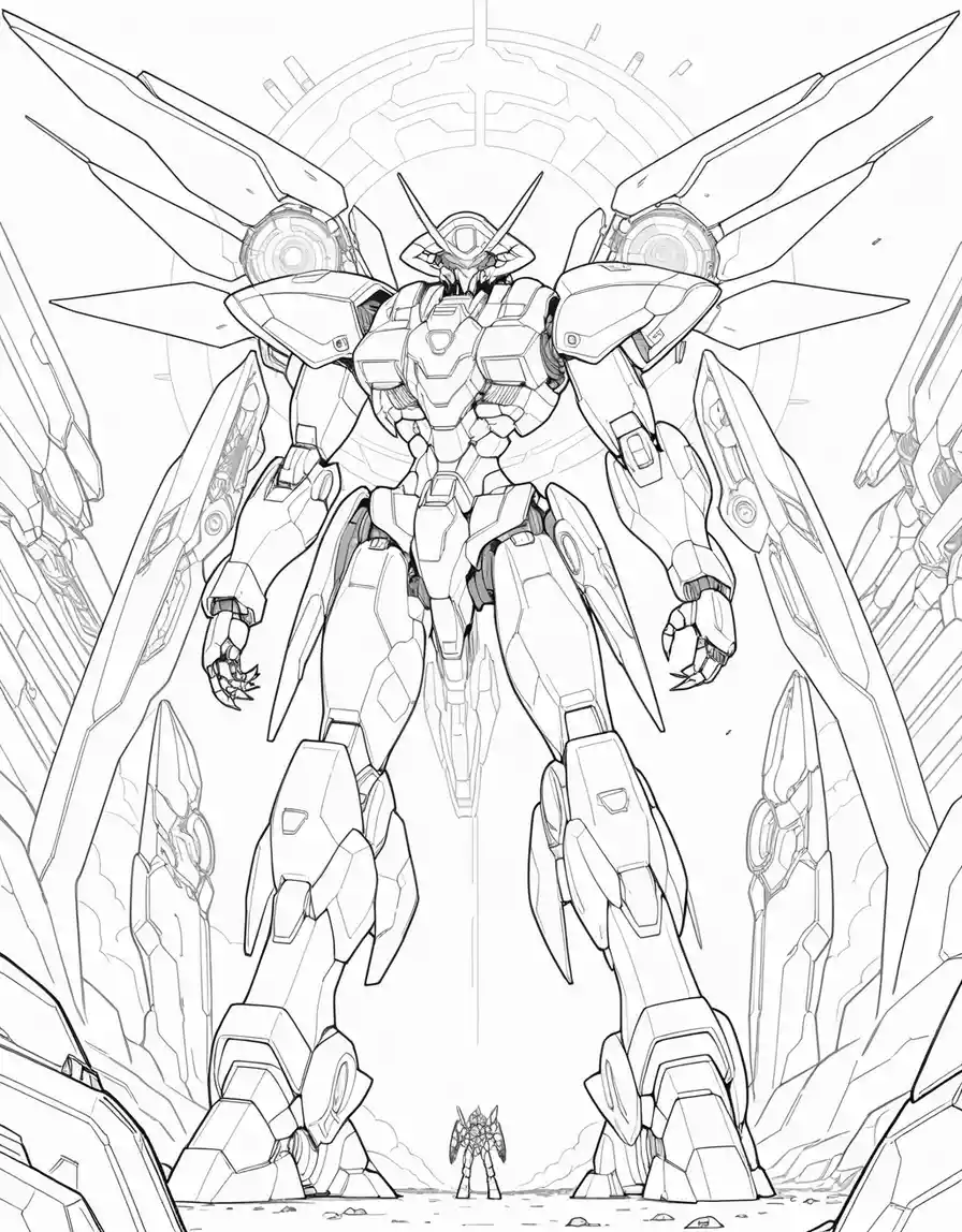 Imponente mecha imperatore che domina un campo di battaglia futuristico