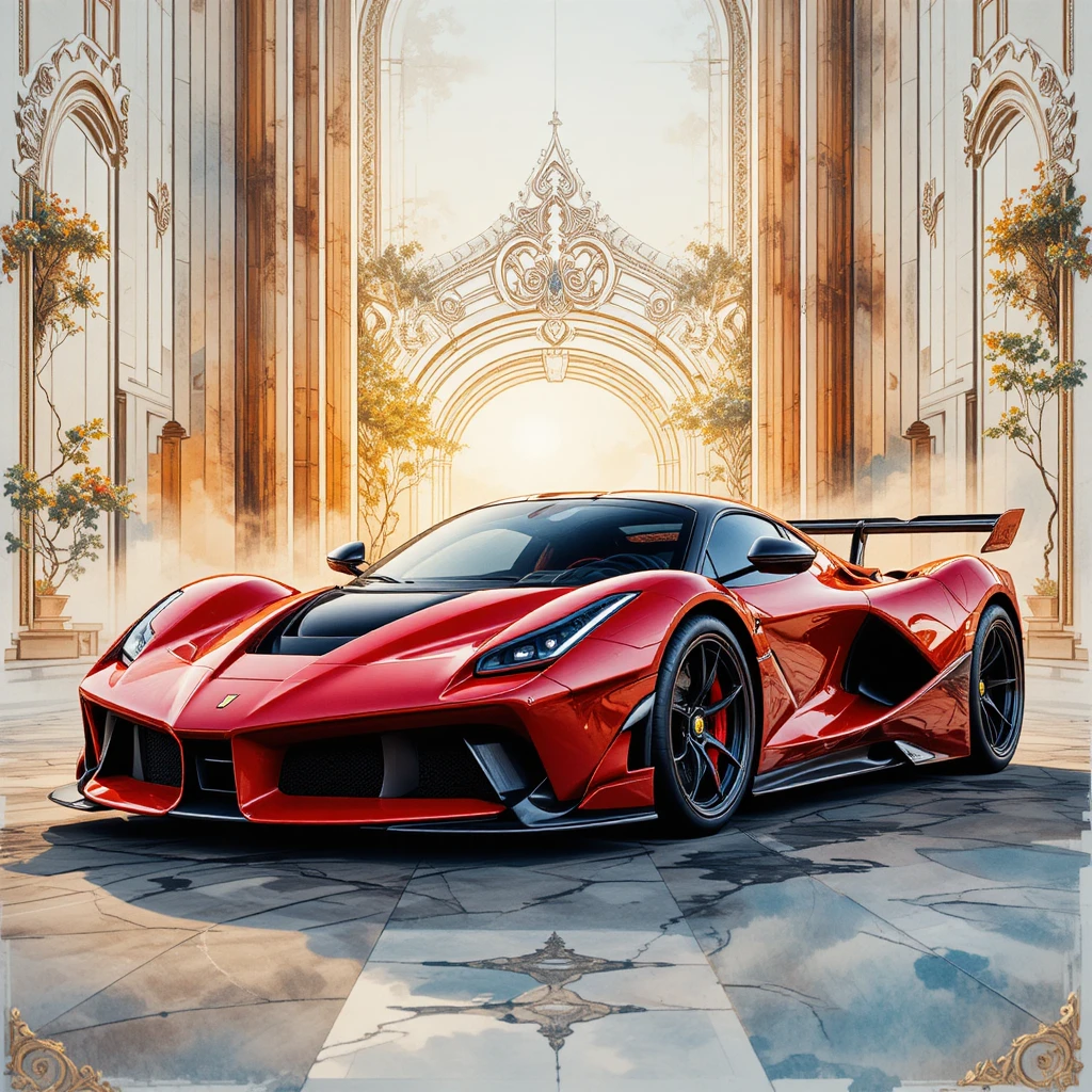 Watercolor poster of a red black baroque sports car