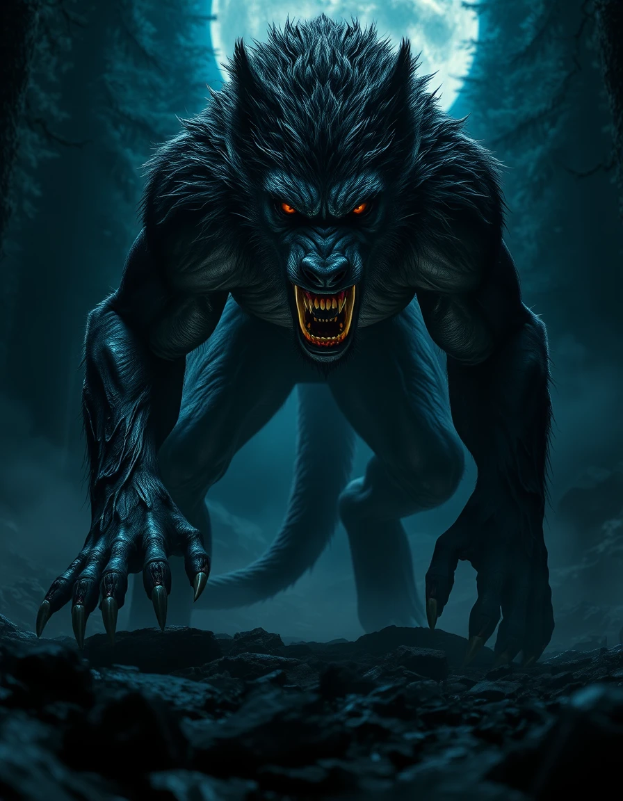 Ancient werewolf emerging from a moonlit foggy forest