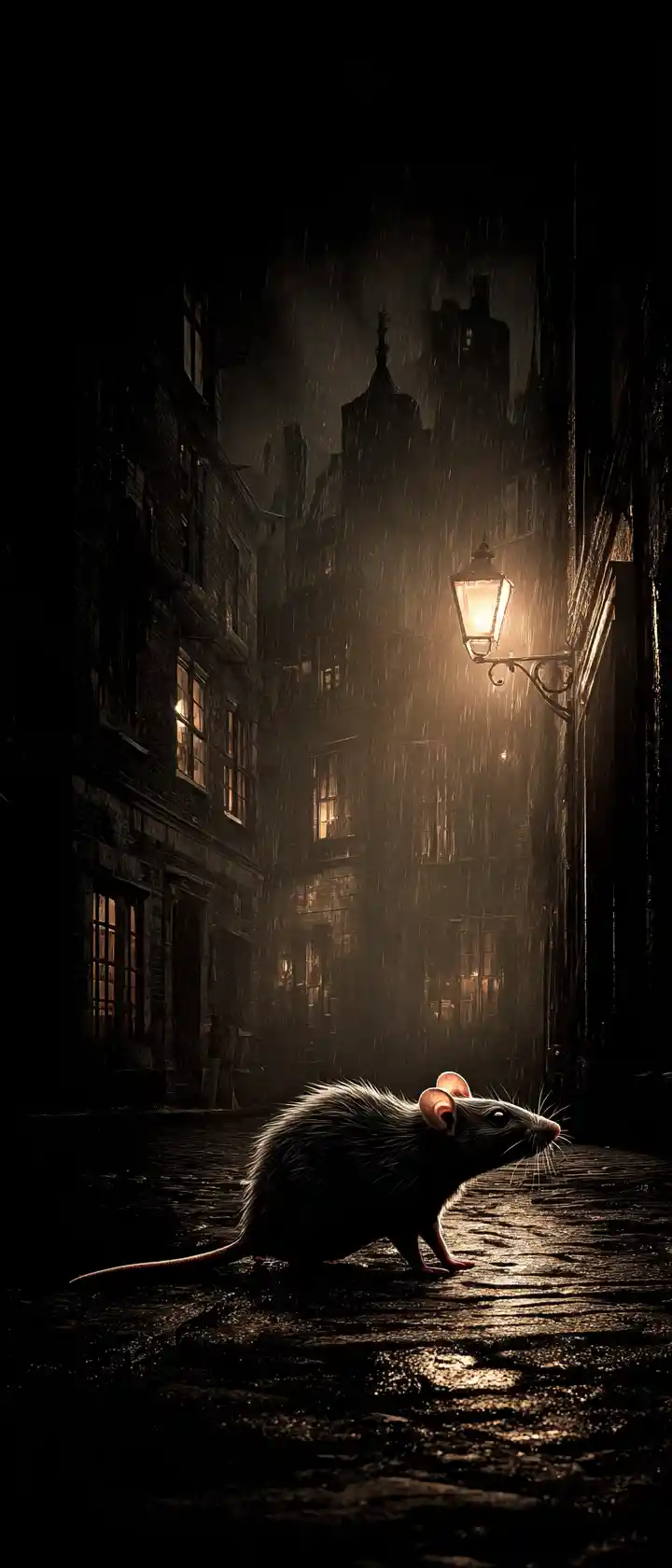 Lonely rat under a gas lamp in a dark alley
