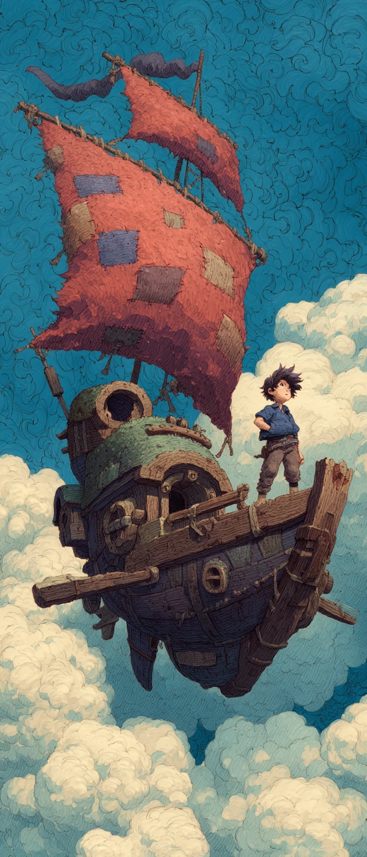 Anime boy inventor on a whimsical steampunk airship deck