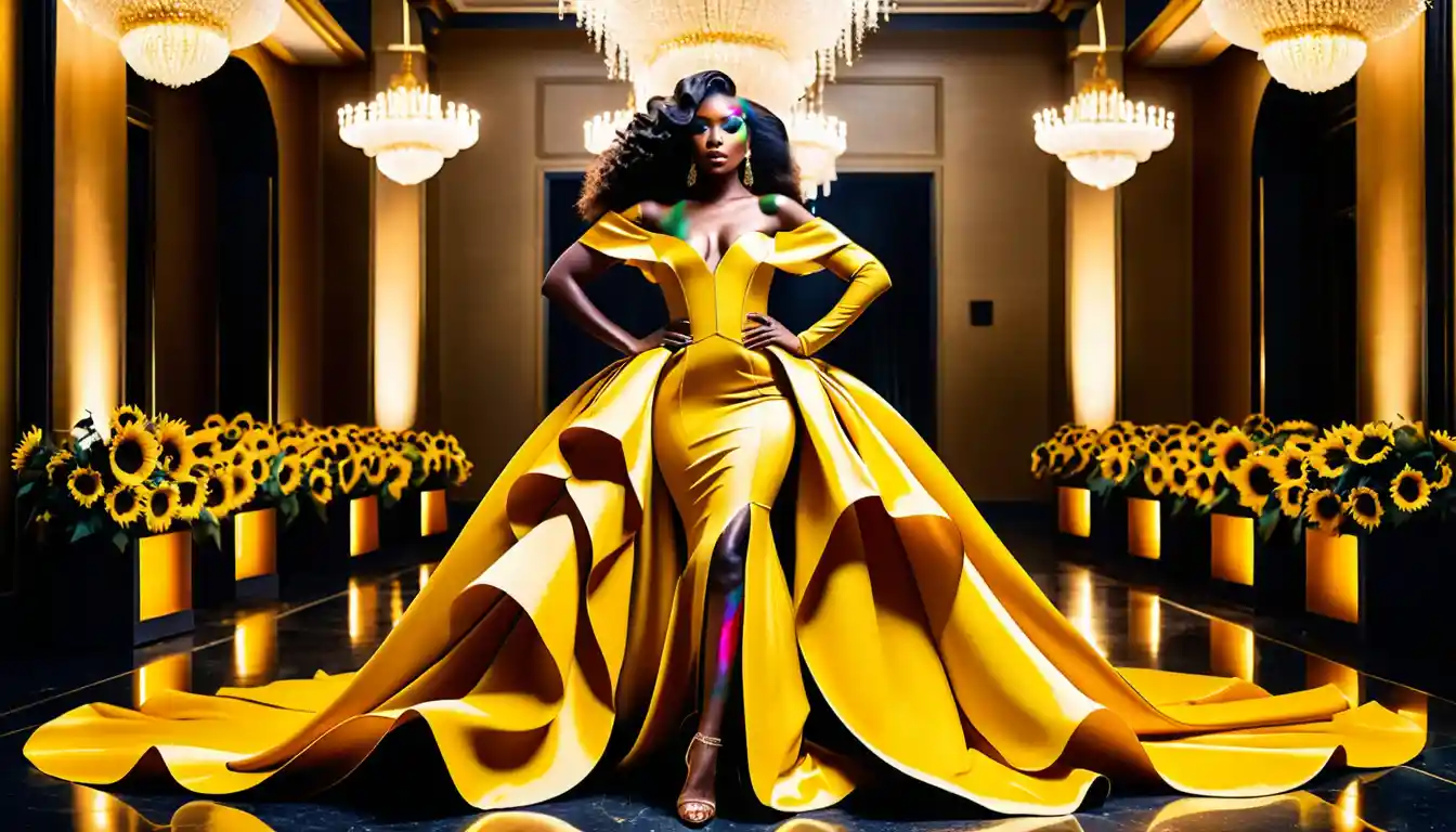 Plus size woman in sunflower couture gown in ballroom