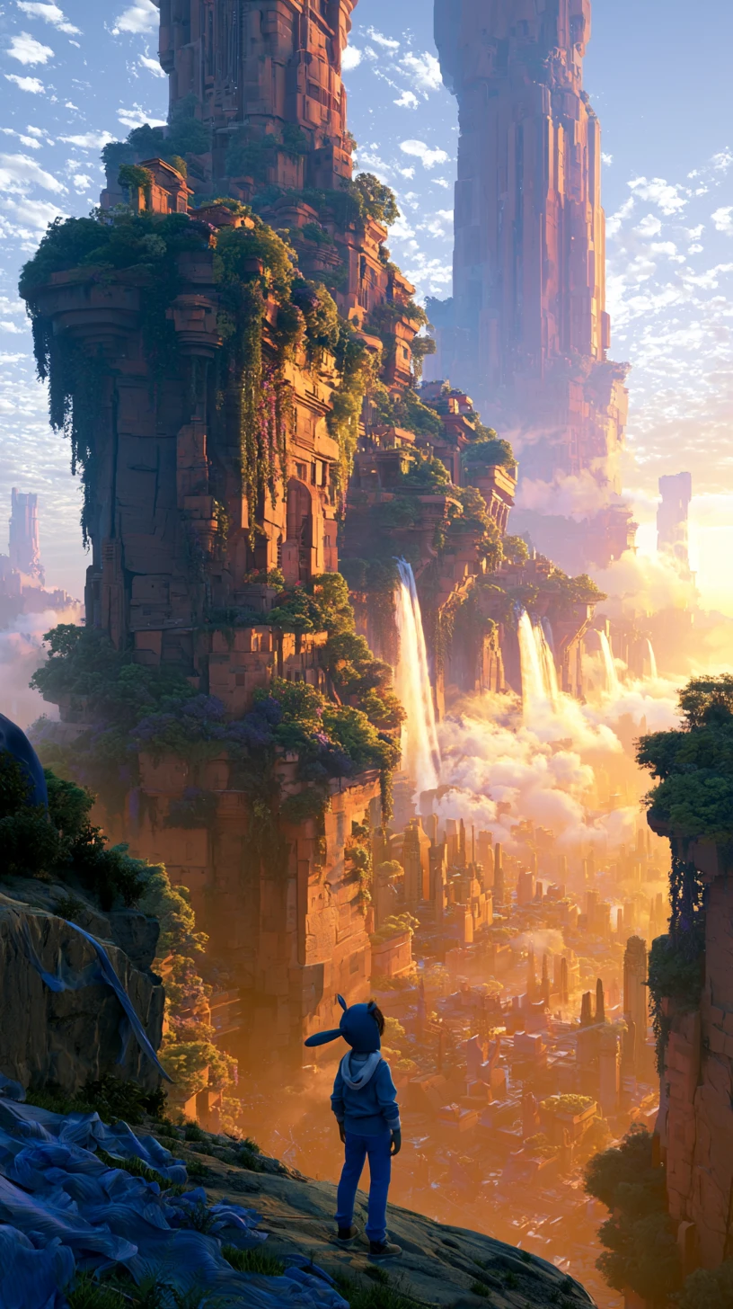 Young girl gazing up at vast terraced fantasy megacity