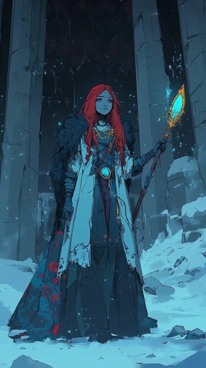 Red haired girl with magic sword in ruined hall