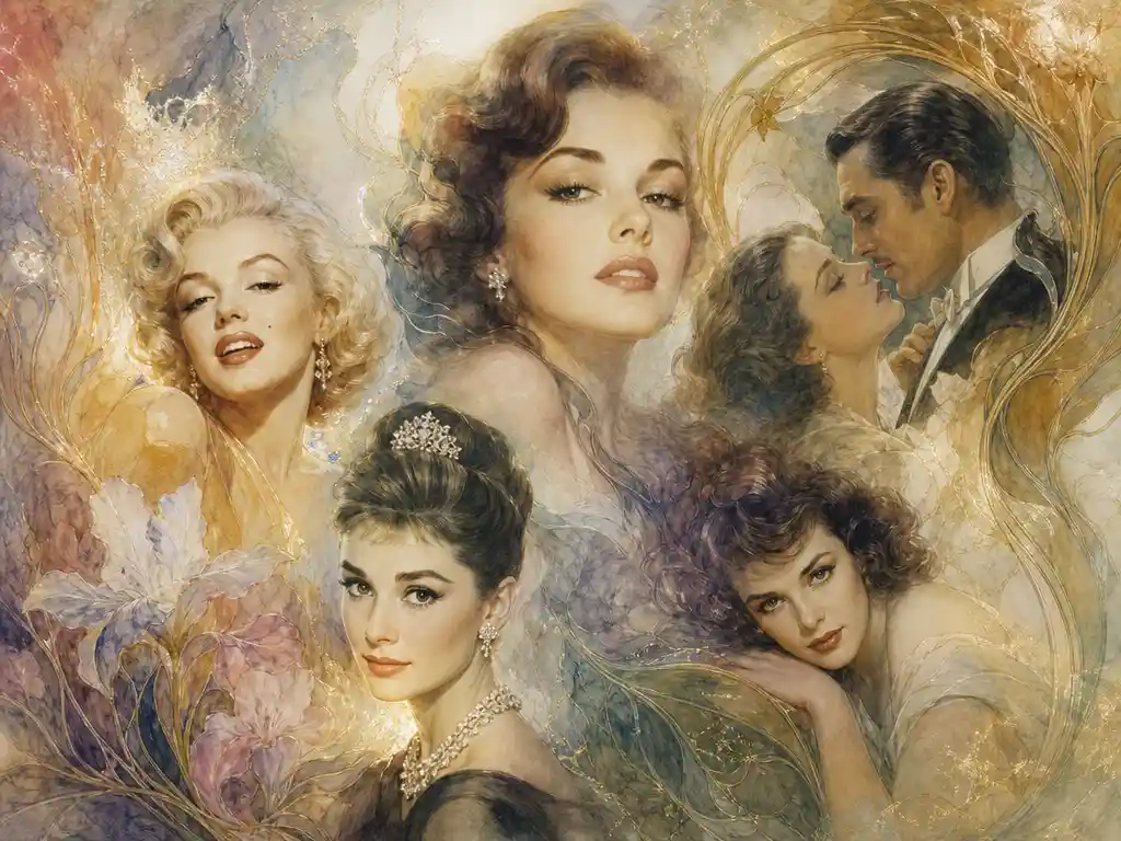 Moodboard di star del classico Hollywood in luminoso stile art nouveau