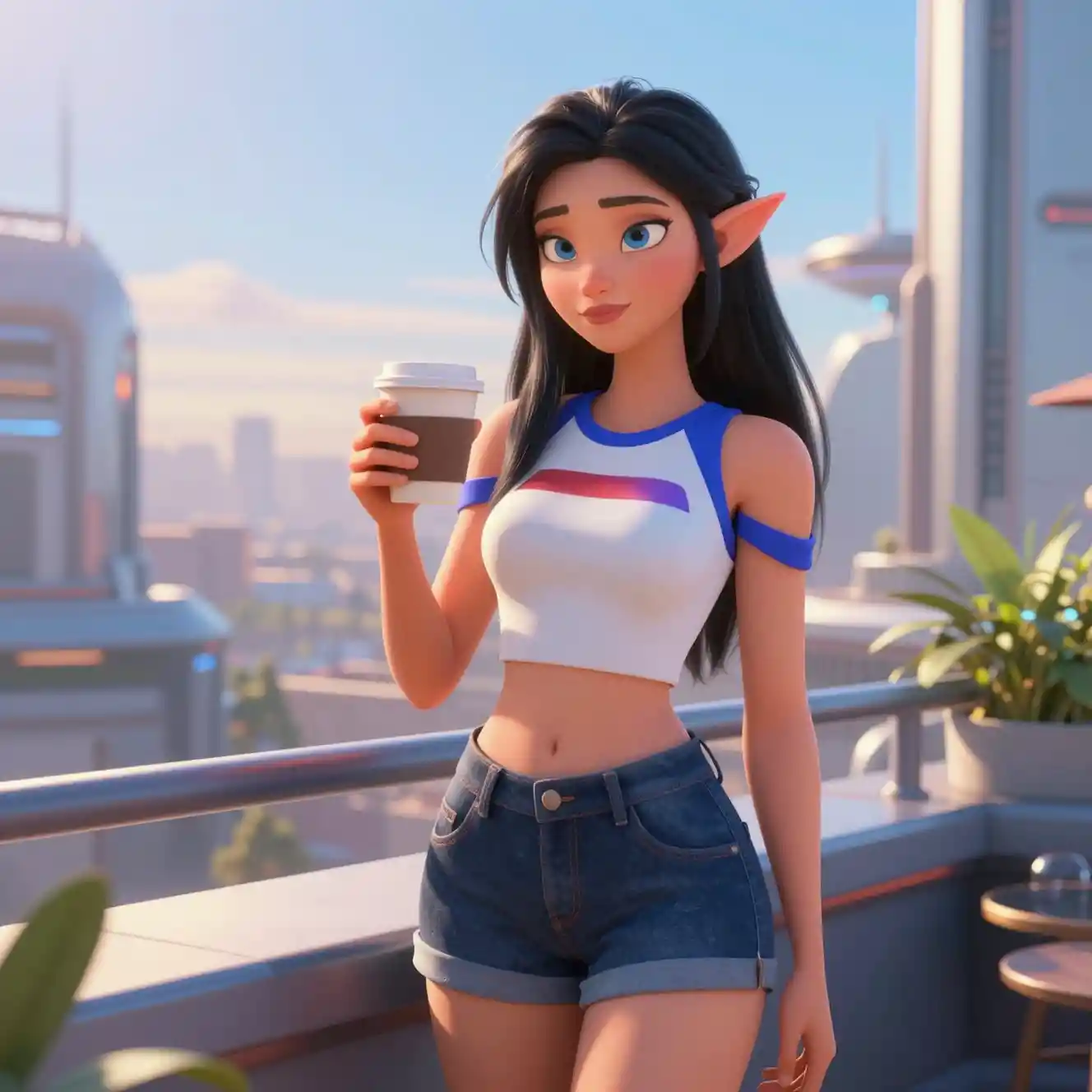 Elf girl relaxing on a futuristic rooftop at sunrise