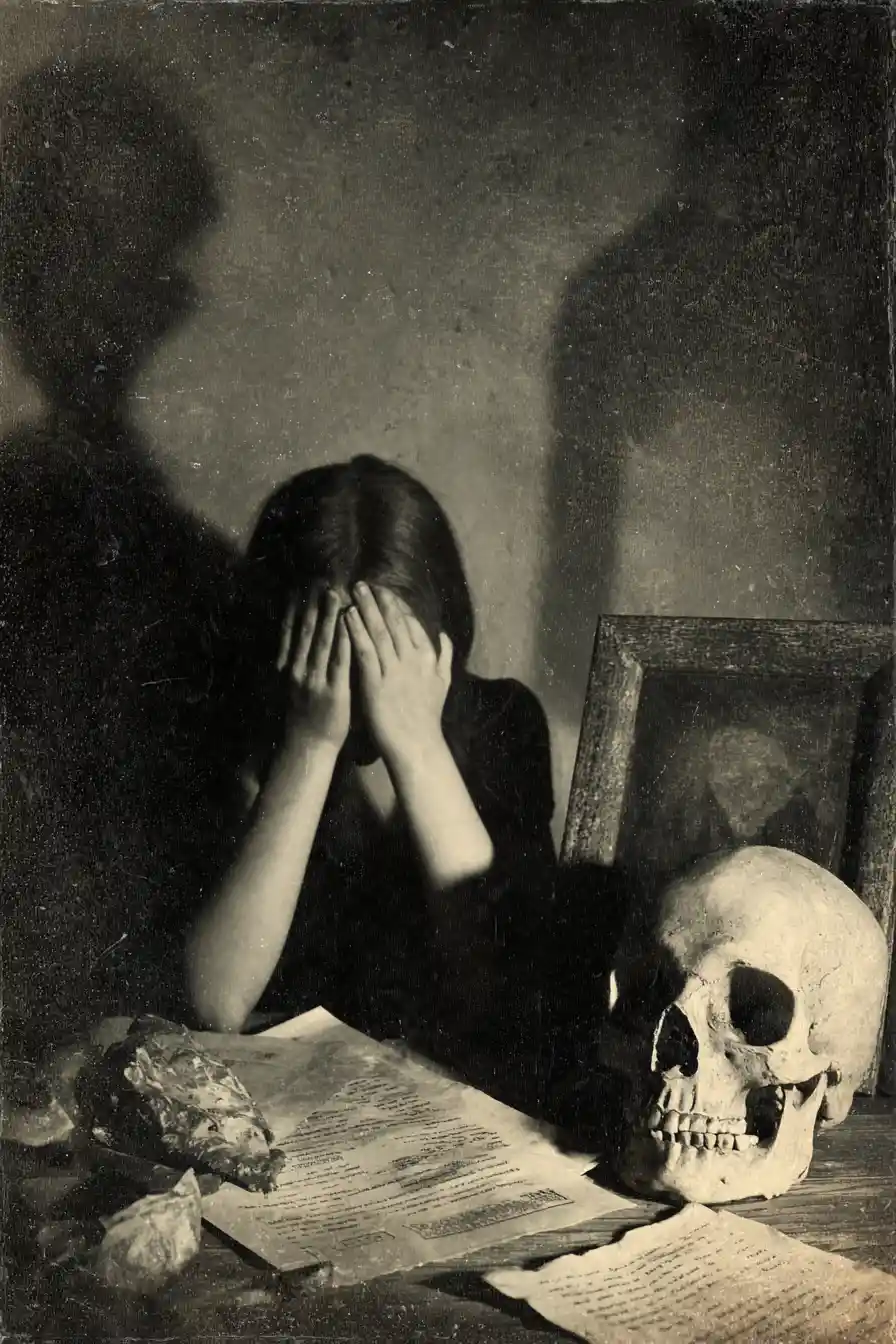 Young girl covering her face in dramatic monochrome shadows