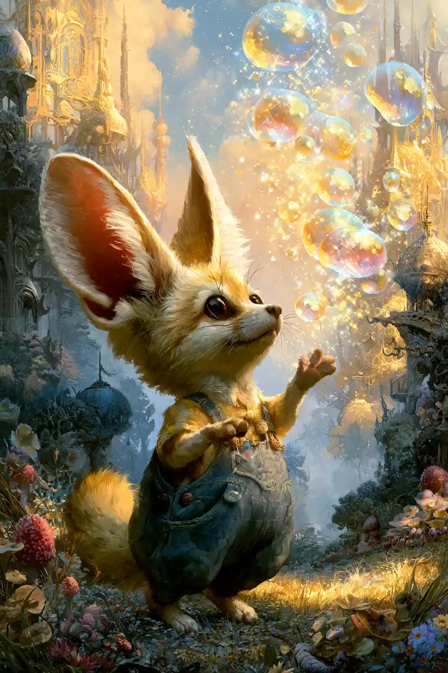 Whimsical fennec fox juggling bubbles in fantasy landscape
