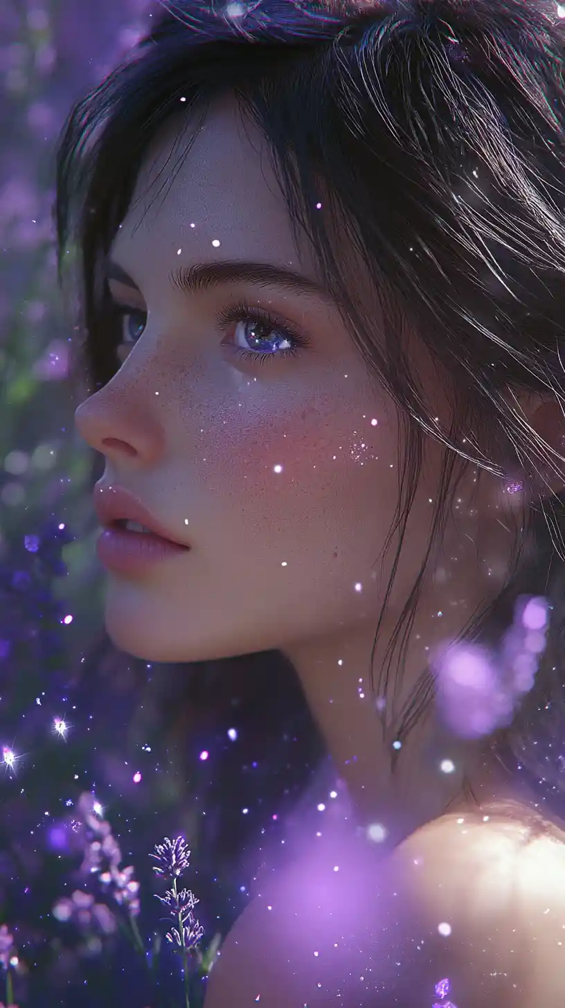 Dreamy girl portrait in glowing lavender fantasy garden