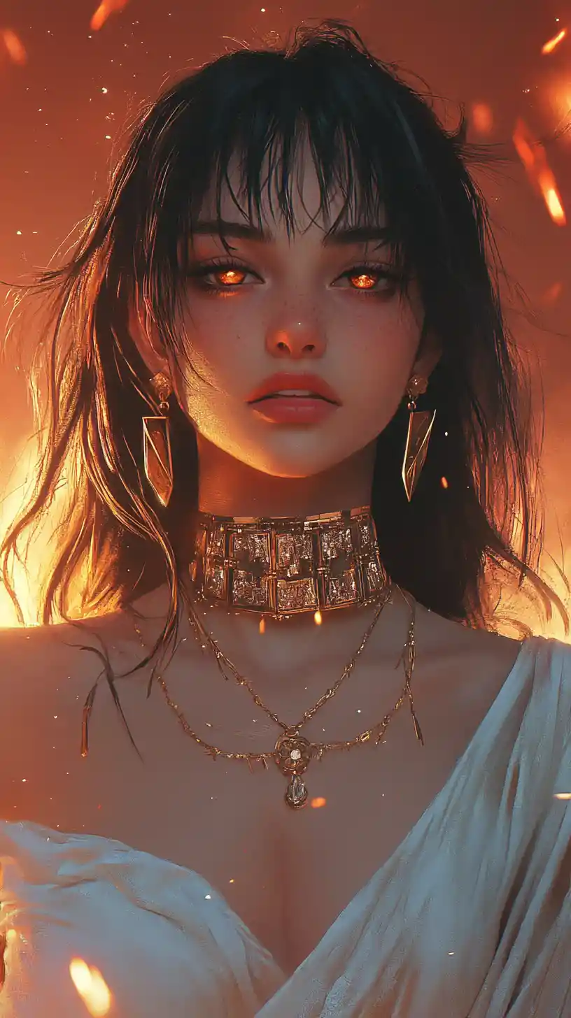 Golden anime woman in toga inspired gown with fiery backdrop