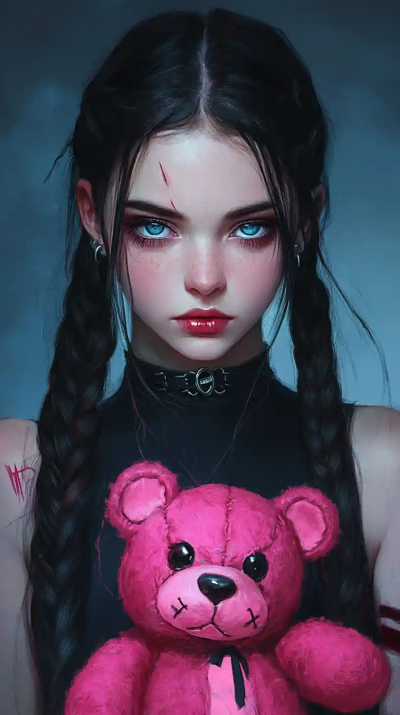 Gothic anime girl holding a distressed pink teddy bear