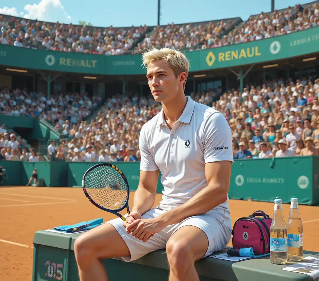 Young tennis player resting on bench during sunny match