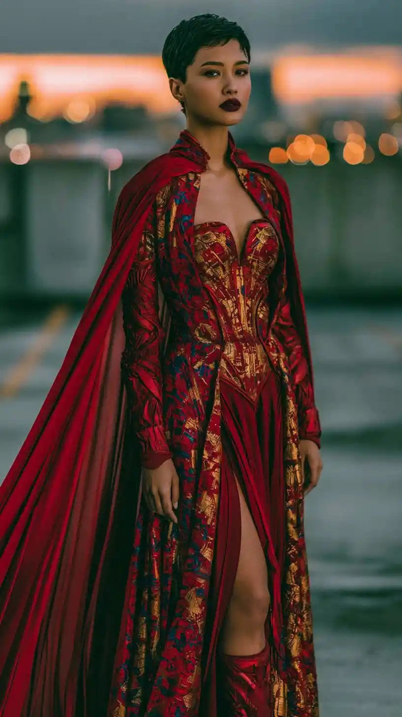 Powerful fashion superheroine in urban parking lot at dusk