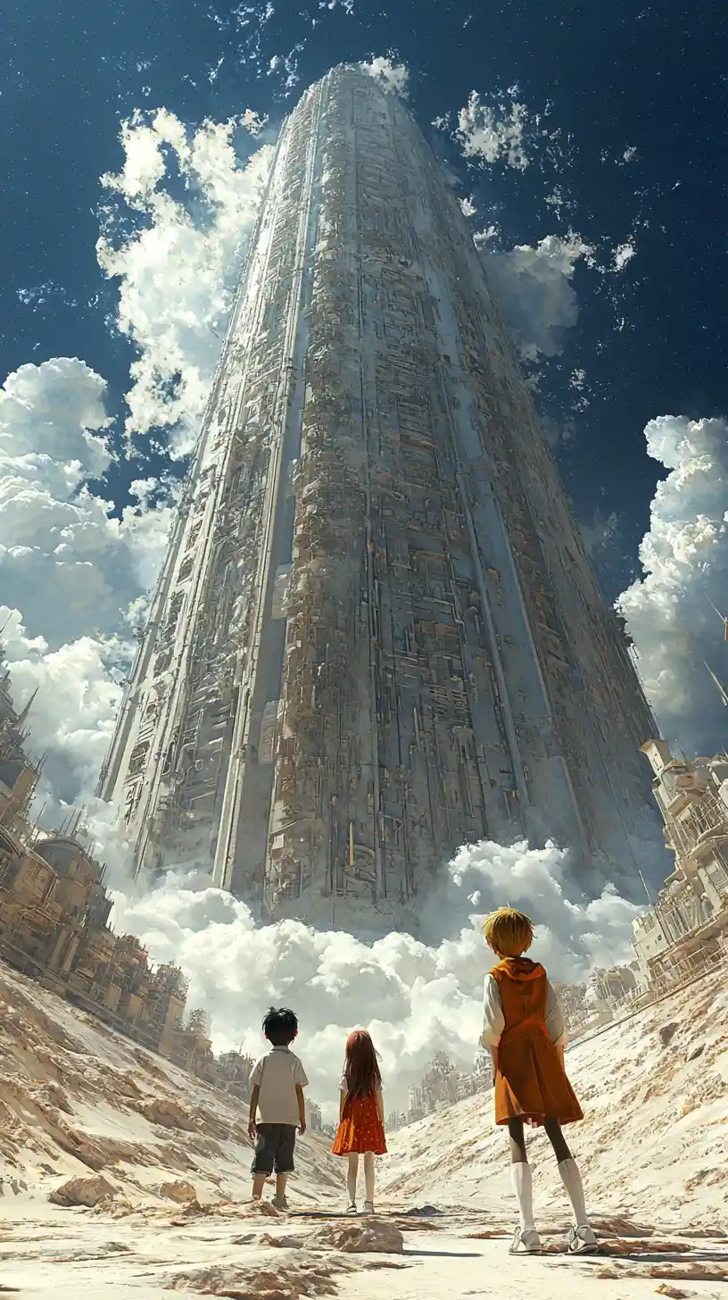 Young boy and girl standing below a towering hill