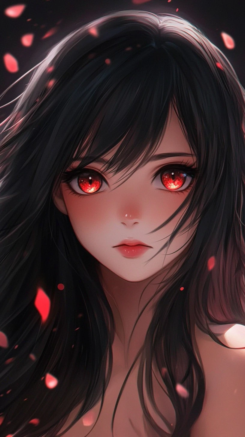 Anime girl close up with red eyes and floral tattoos