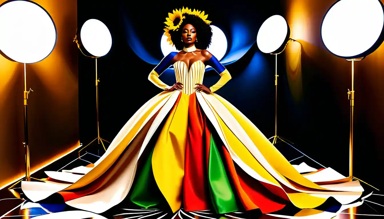 Plus size woman in sunflower couture gown in ballroom