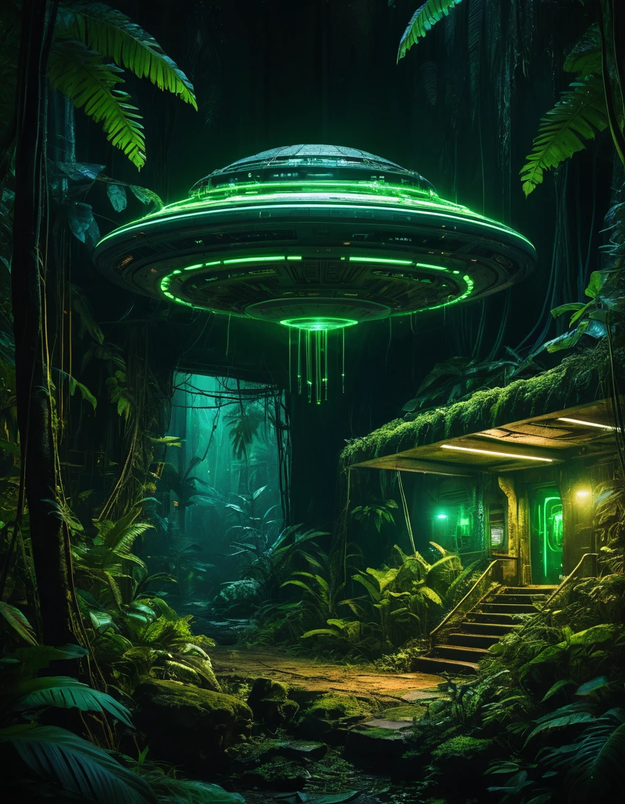 Ancient UFO Illuminating A Neon Green Jungle Night Scene