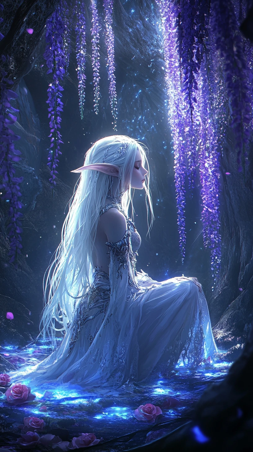 White haired elf kneeling in glowing mystical cavern