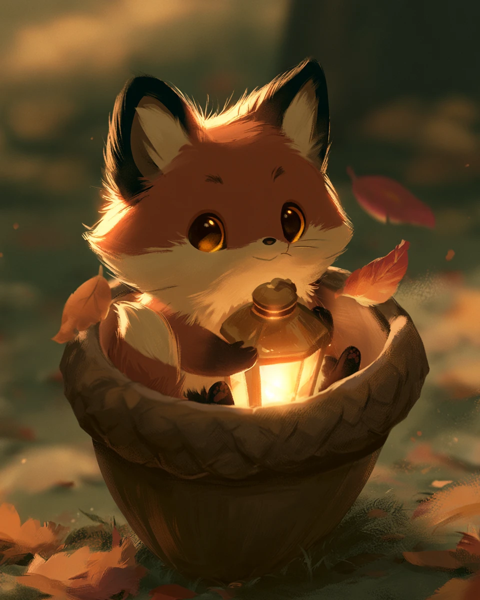Cute fox in acorn cup with glowing lantern and autumn leaves