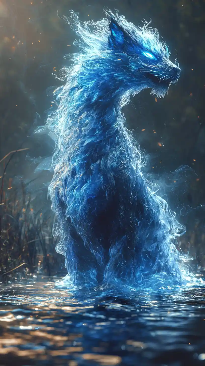 Blue energy elemental rising from dark misty wetlands