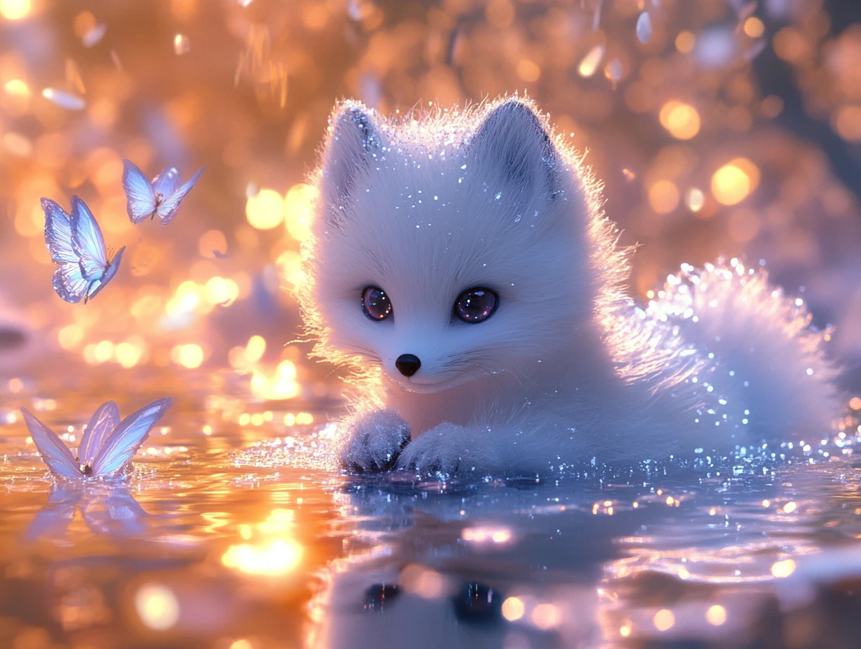 Cute arctic fox kit in a glowing reflective pool