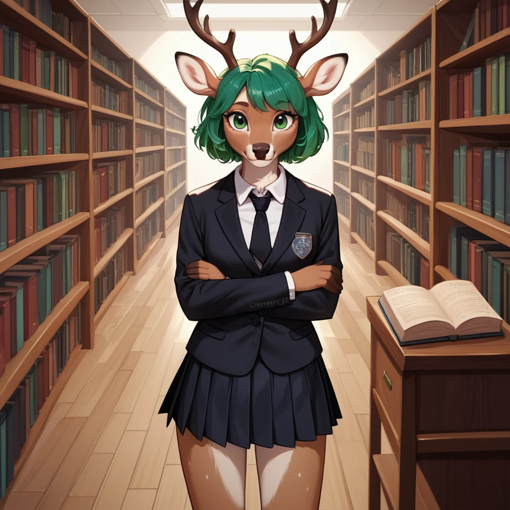 Anthro Deer Schoolgirl In Library With Folded Arms