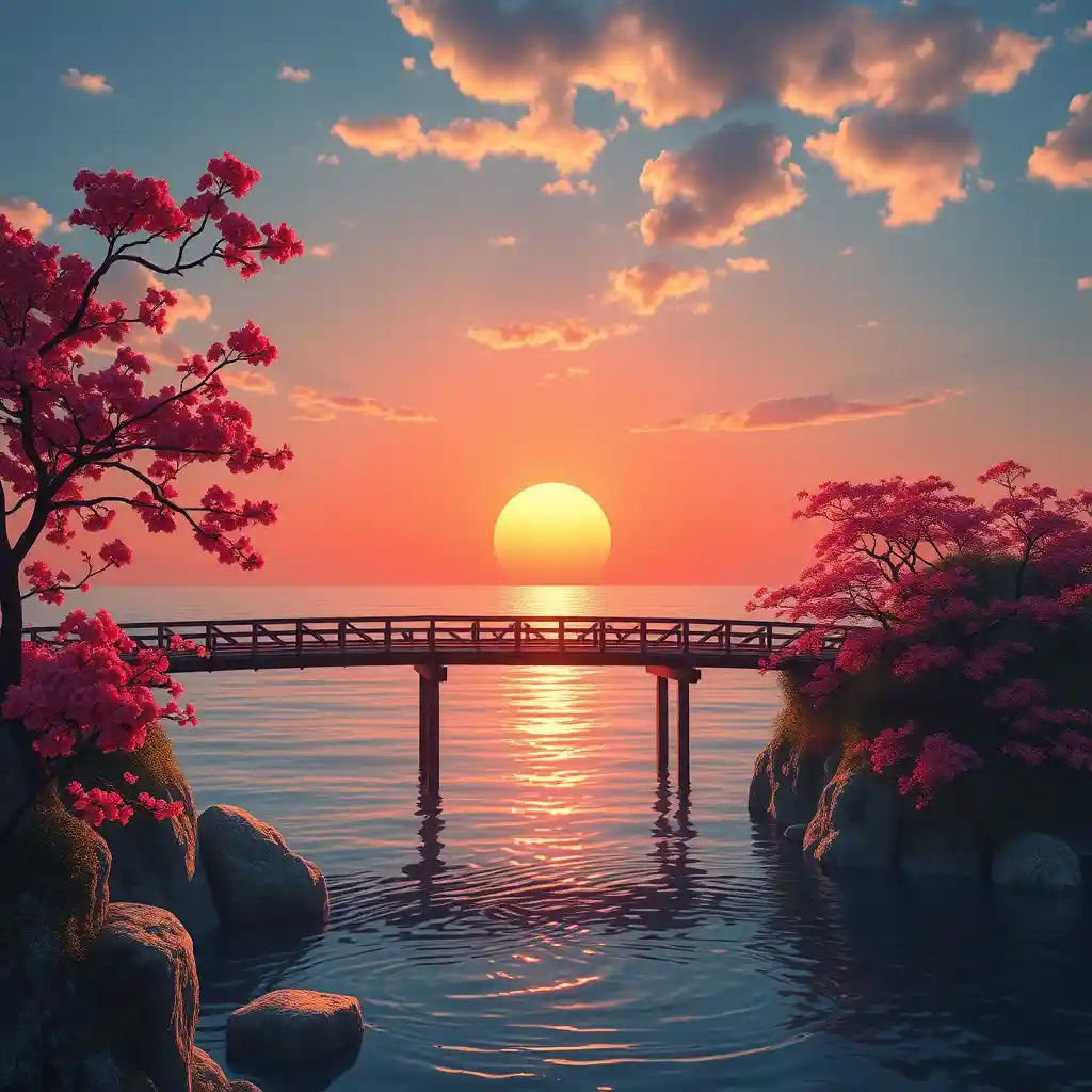 Photorealistic riverside seascape at sunrise with wooden bridge