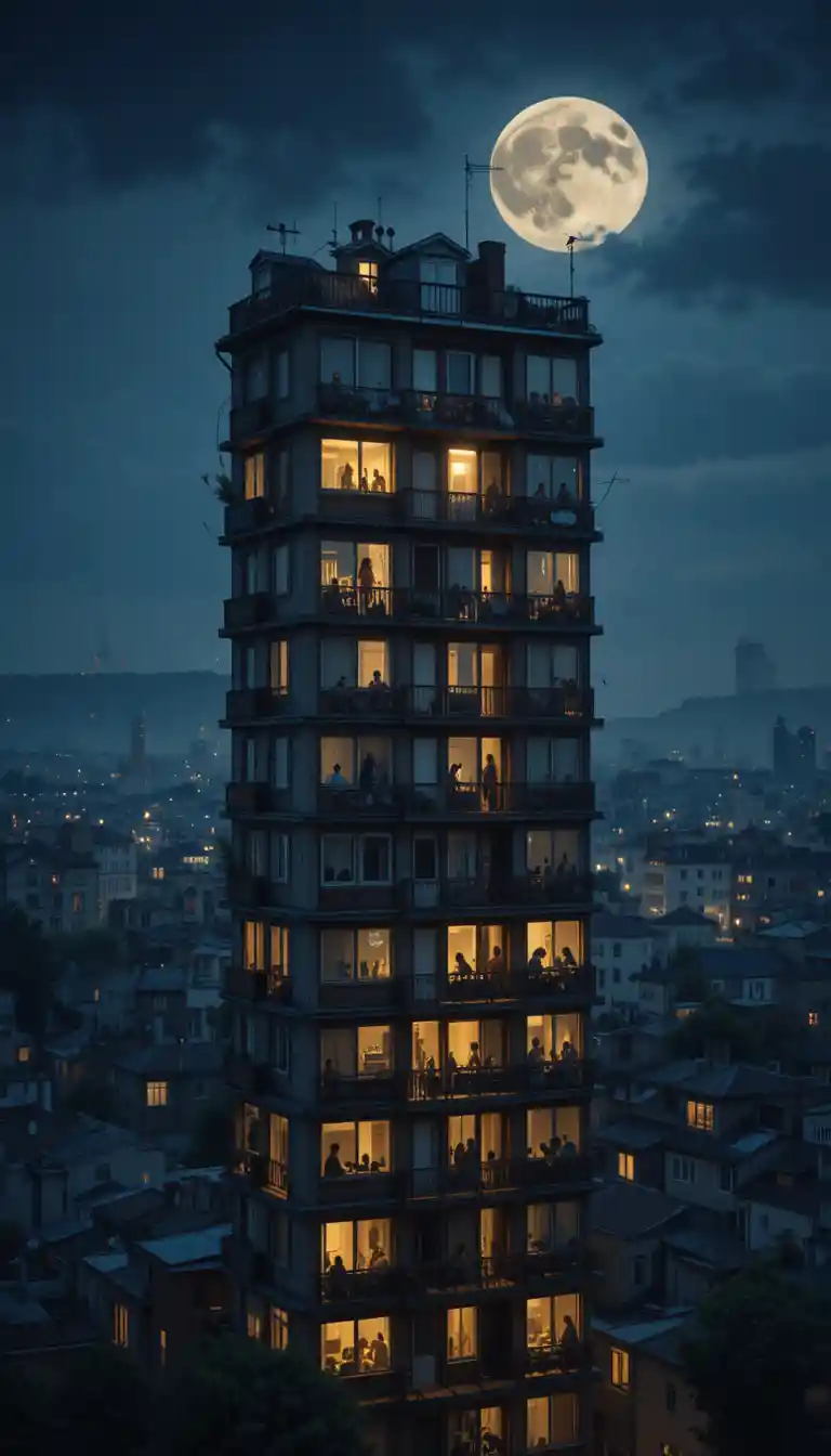 Tall city building glowing softly under a watching moon