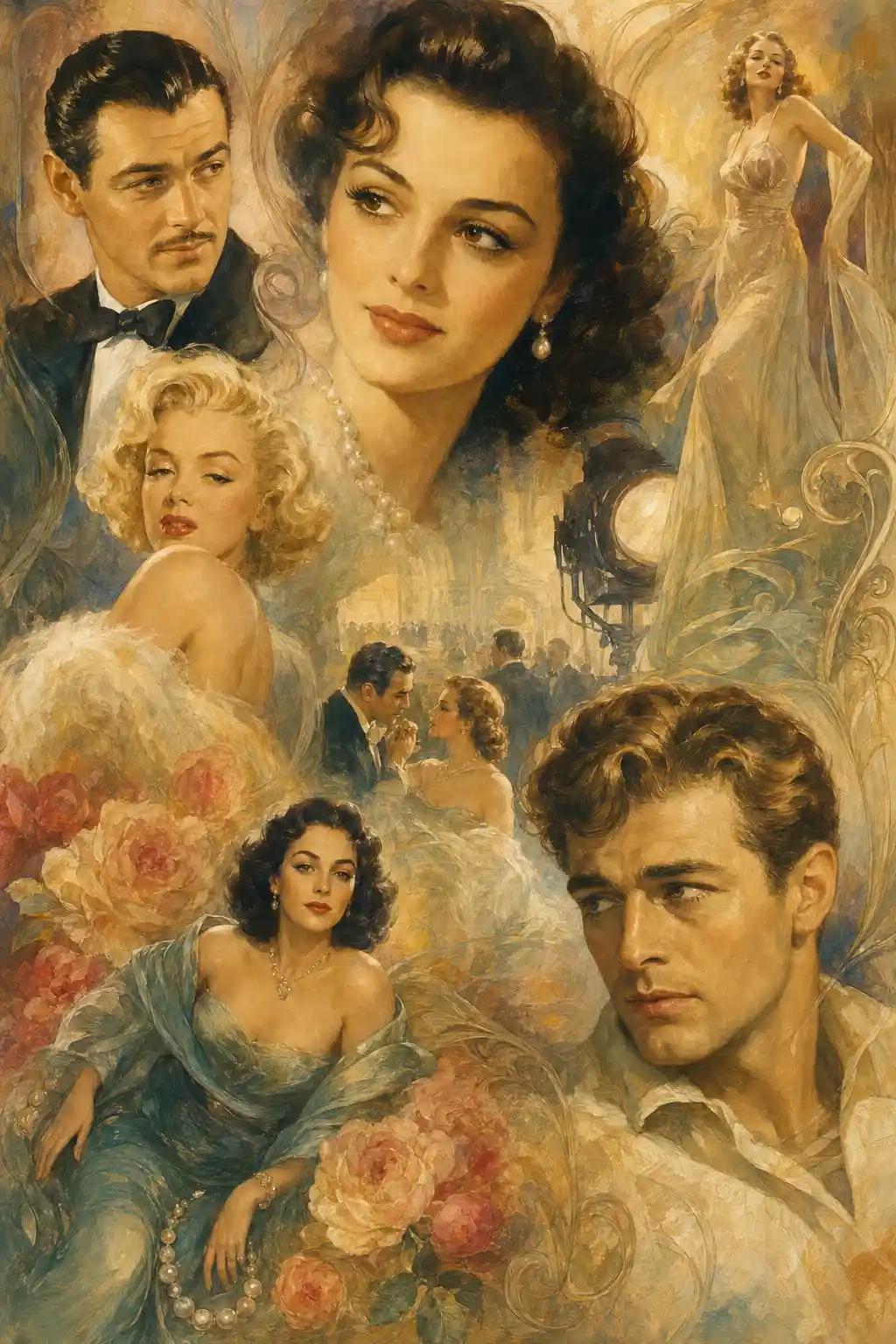 Elegant classic Hollywood star mood board in fine art painting
