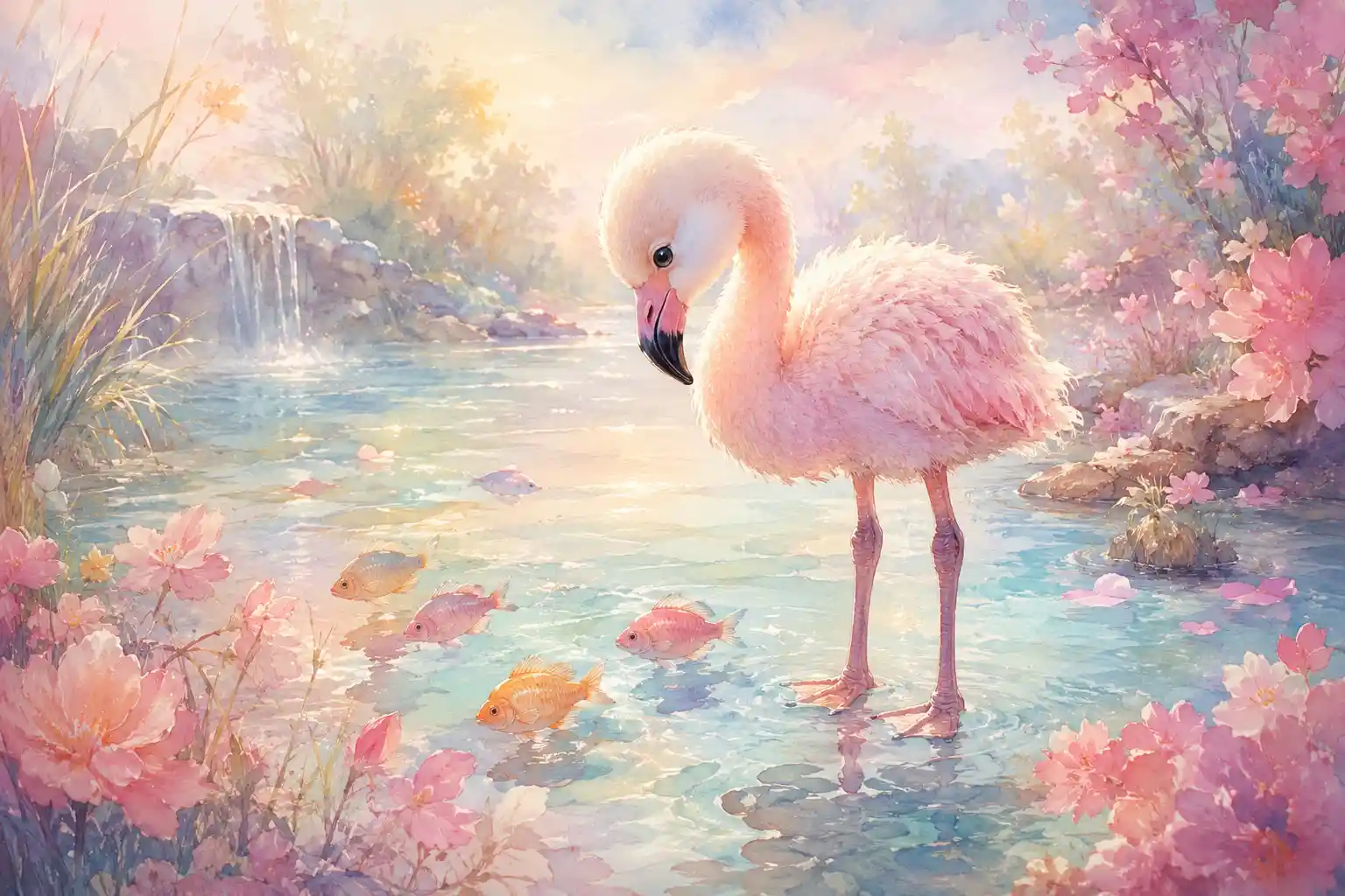 Cute Baby Flamingo In Pastel Watercolor Lagoon Scene