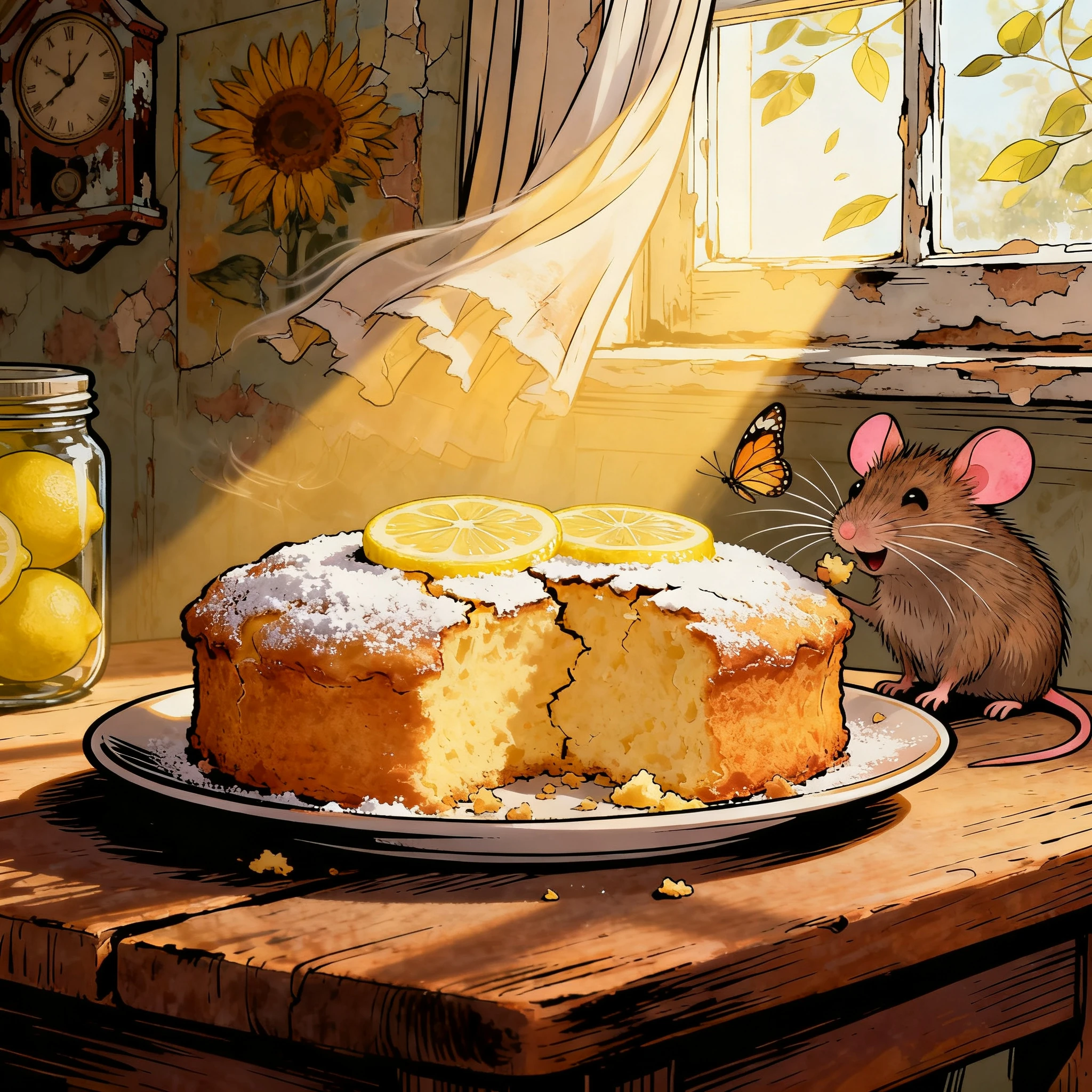 Whimsical lemon cake and mouse in glowing summer sunlight
