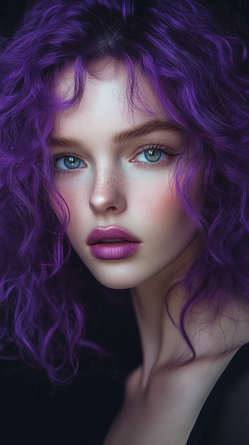 Purple haired girl portrait with luminous blue eyes