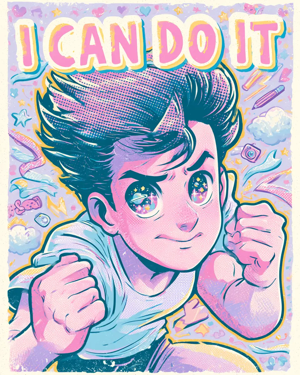 Retro Japanese pop art man with cosmic determined gaze
