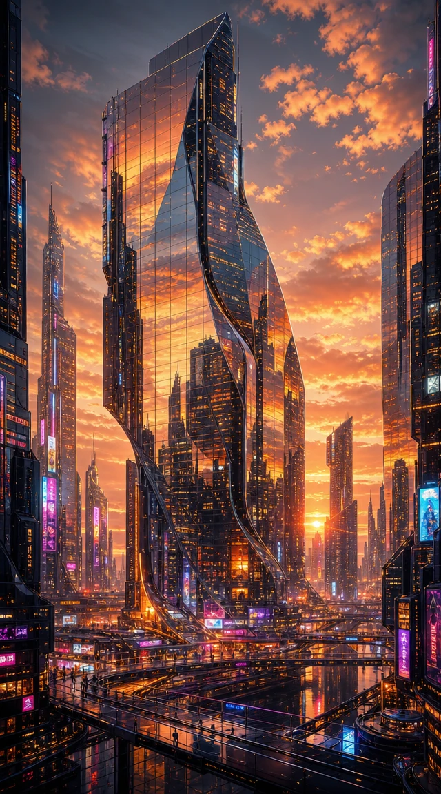 Futuristische Glas-Stadt-Skyline, die in der Dämmerung leuchtet