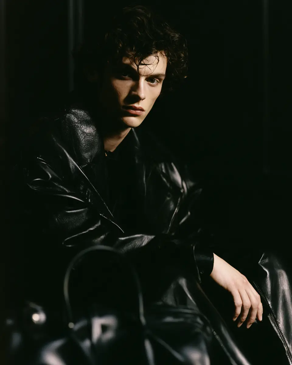 Confident fashion man seated with black leather outerwear