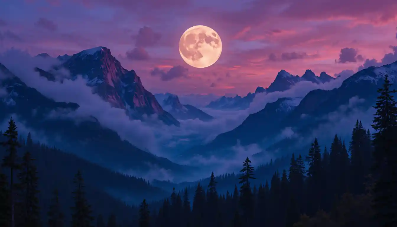 Dreamlike mountain landscape under a colossal full moon