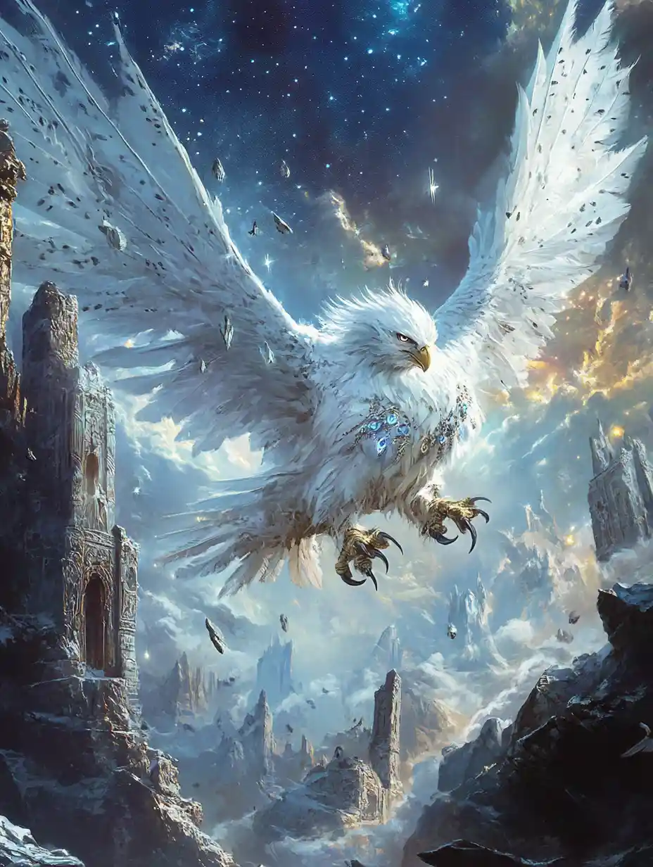 Celestial mythical guardian on floating ancient stone ruins